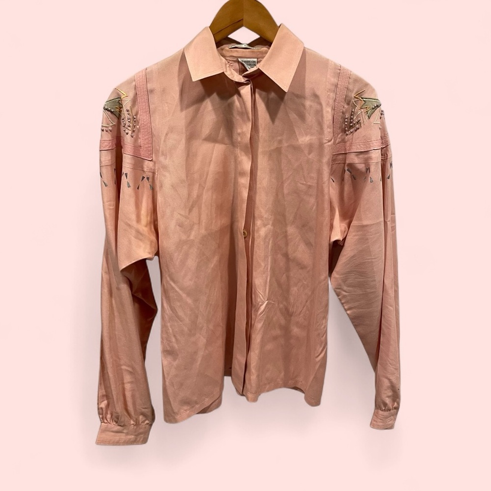 Petal blush pink vintage 80s embroidered shoulder beaded button silk blend shirt